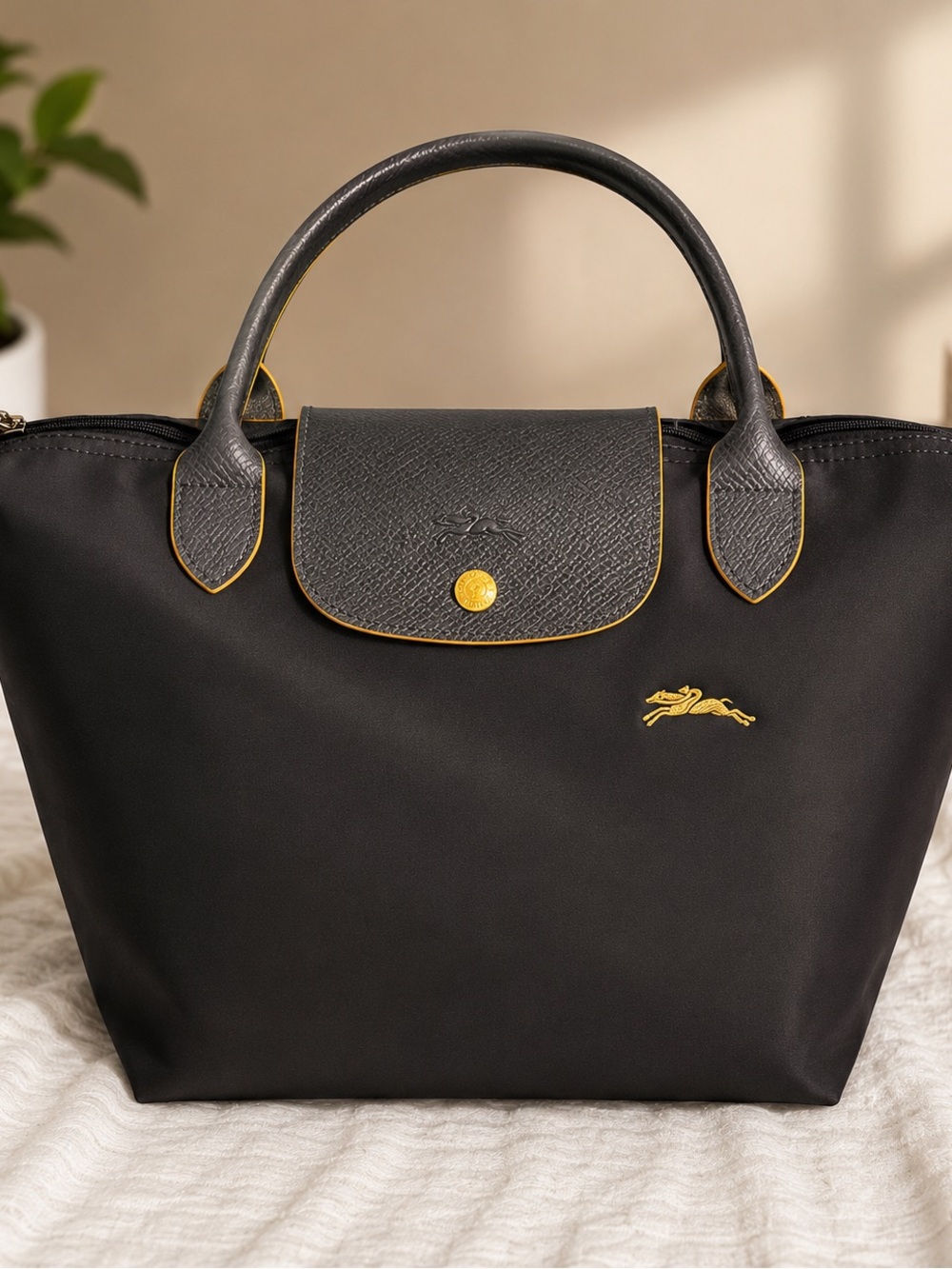 Longchamp nylon tote in grey with yellow accents